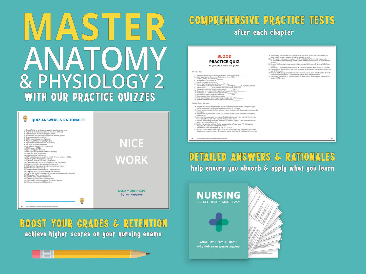 Example practice questions with answers and rationales from the Anatomy and Physiology 2 Study Guide book, displayed next to the actual book. Study aids for nursing school prerequisites featuring anatomy notes and a&p practice questions.