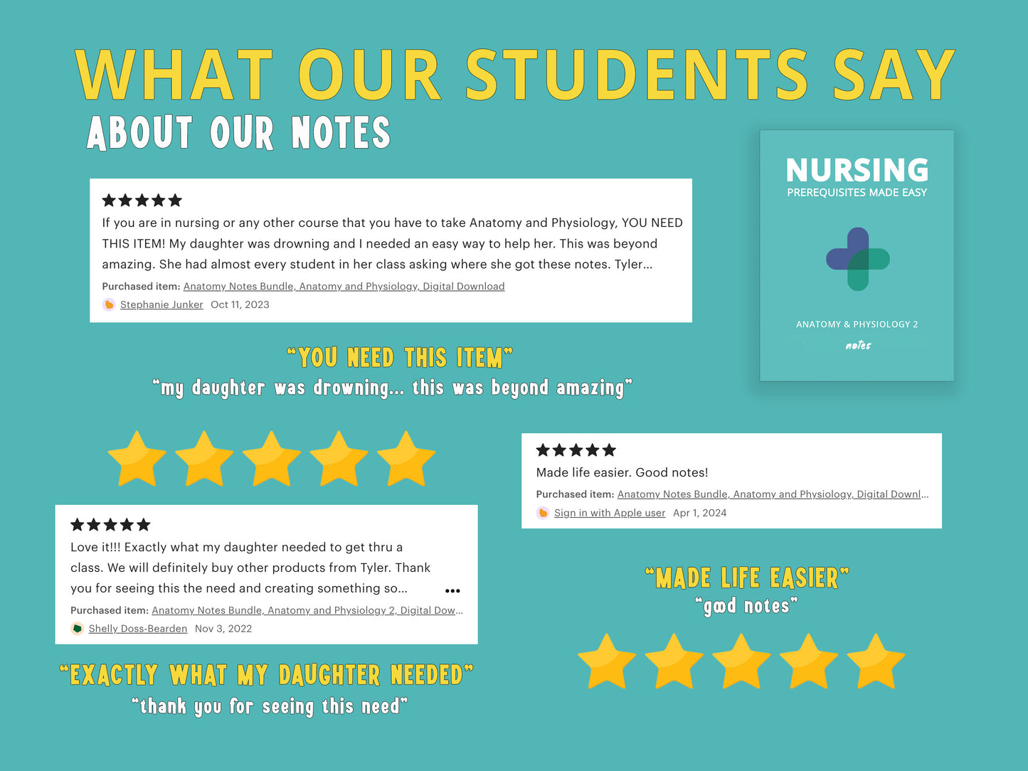 Promotional image featuring student reviews for the Anatomy and Physiology 2 notes bundle. The image includes positive testimonials from students praising the clarity, organization, and helpfulness of the digital anatomy & physiology 2 notes.