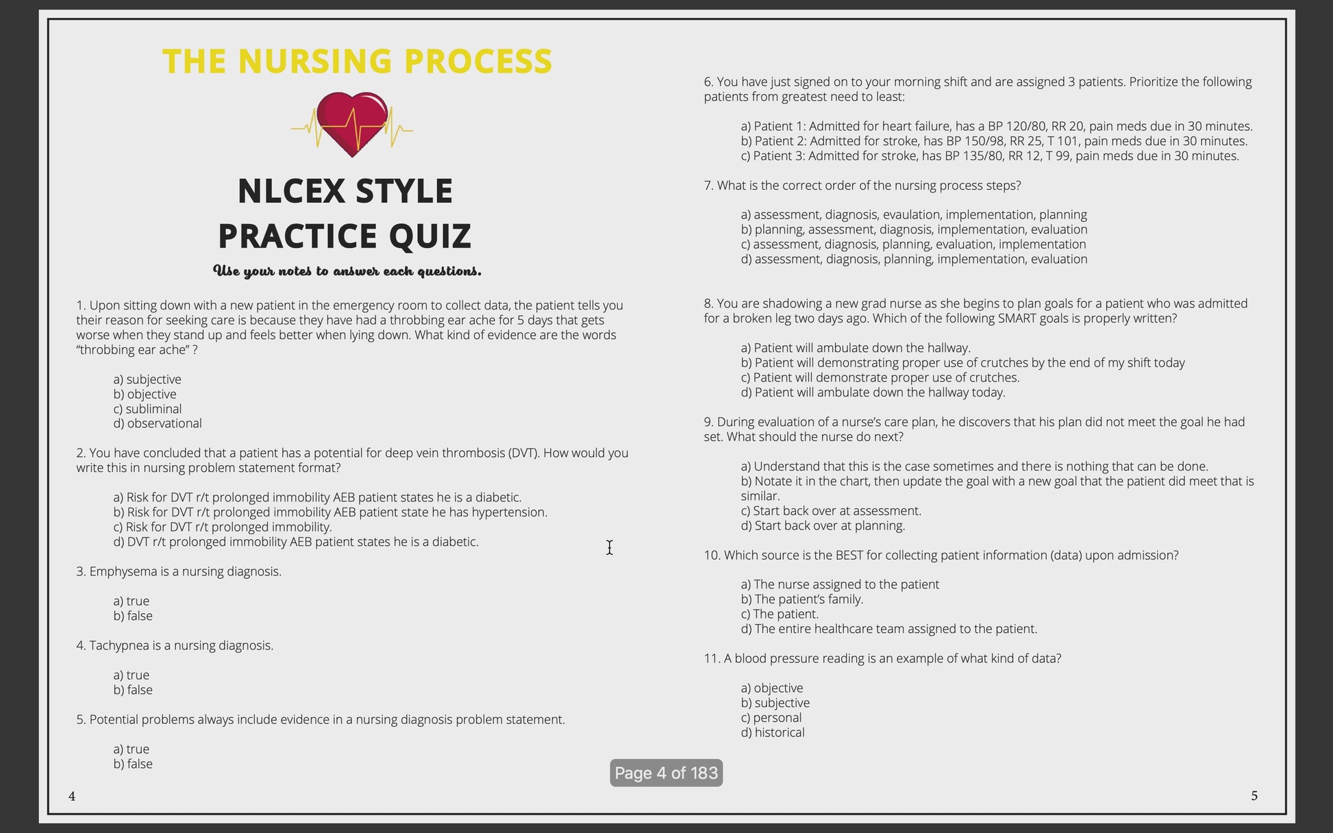 Video showing the contents of the Fundamentals of Nursing Study Guide, highlighting detailed chapters, practice quizzes, answers, and rationales. Comprehensive study aid designed for nursing students preparing for exams and coursework.